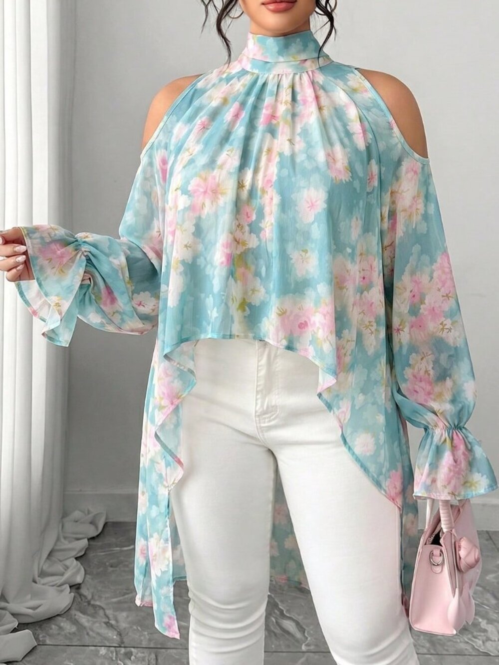 Mint Blue Casual Women's Plus Size Elegant Soft Floral Print Chiffon Blouse - Picture 5 of 6